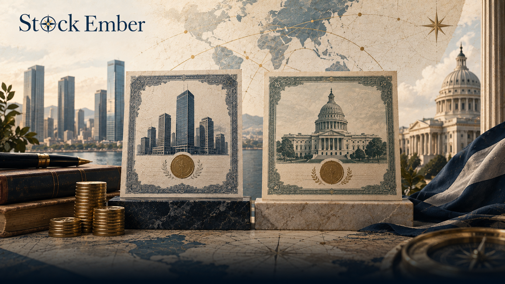 Comparison of corporate bonds and government bonds on a balanced scale