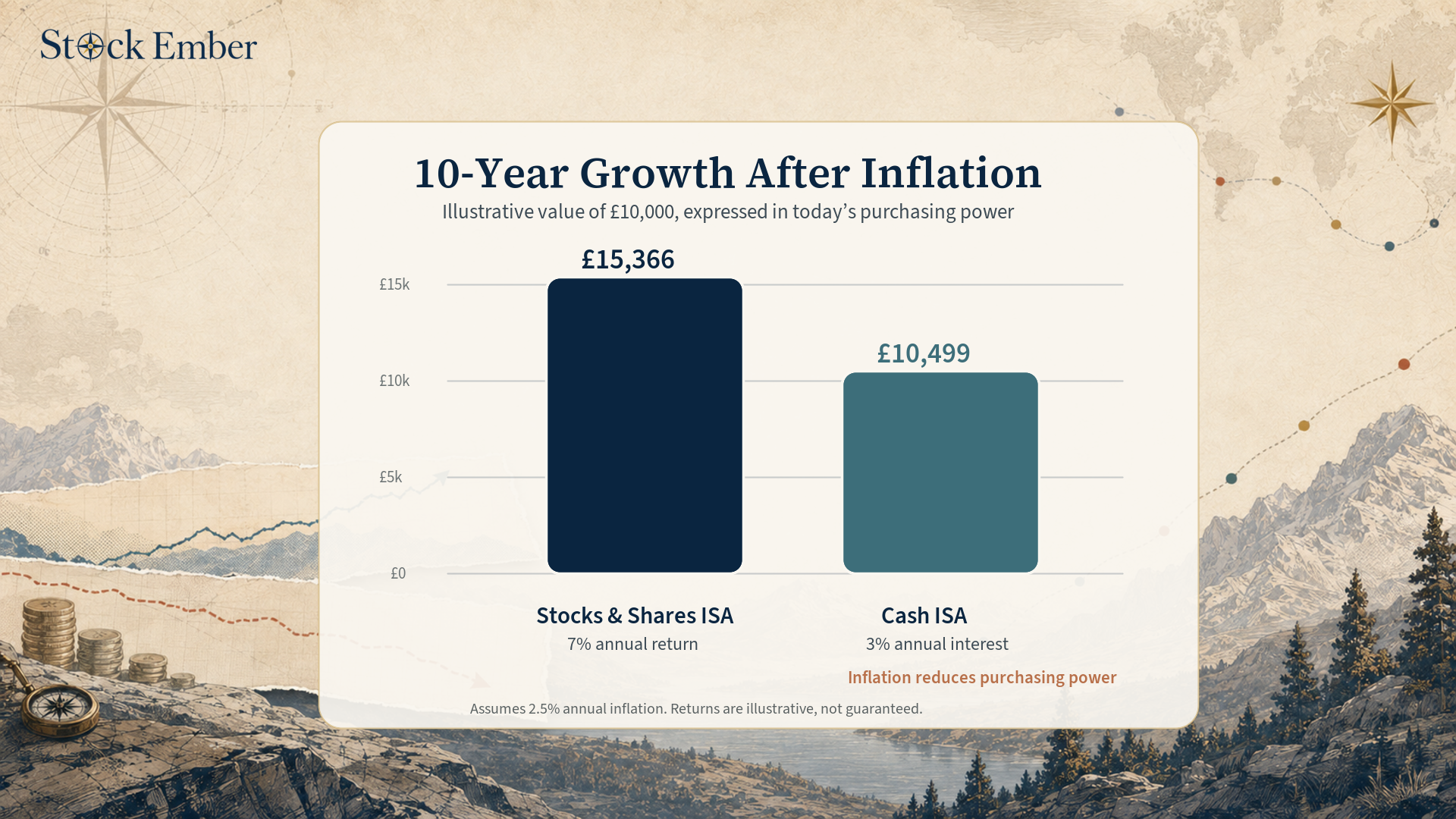 Comparison chart showing equity growth potential versus cash inflation risk over 10 years.