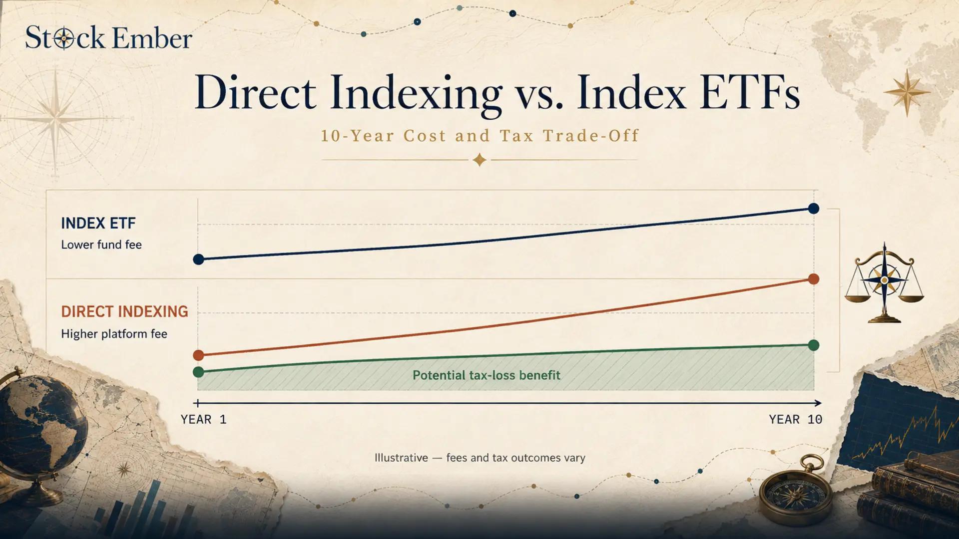 Chart showing 10-year fee comparison between direct indexing SMAs and broad index ETFs.