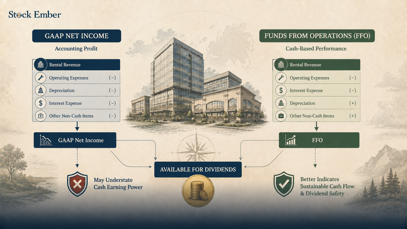 REIT dividend payout ratio diagram comparing Net Income and FFO metrics for evaluating dividend health