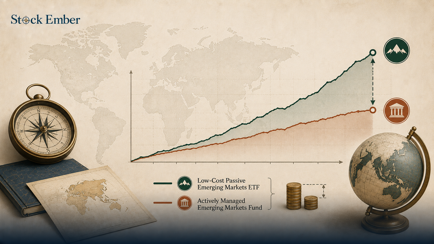 Chart showing 10-year fee comparison between active and passive emerging market funds.