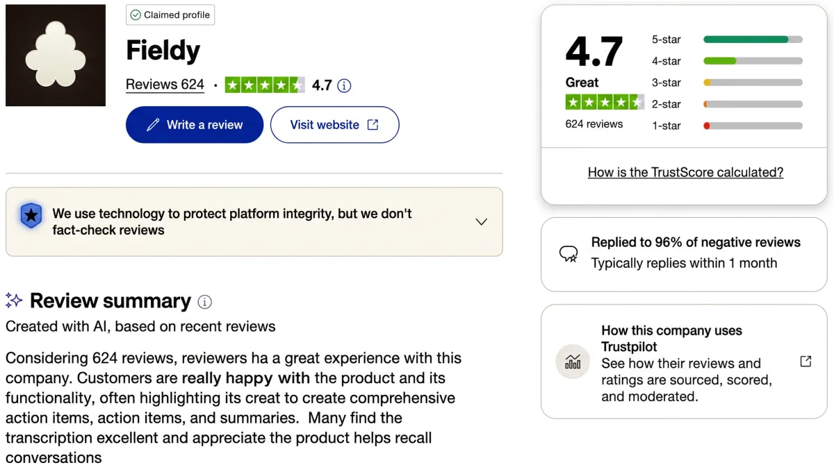 Trustpilot 4.7-star rating from 624 verified Fieldy reviews.