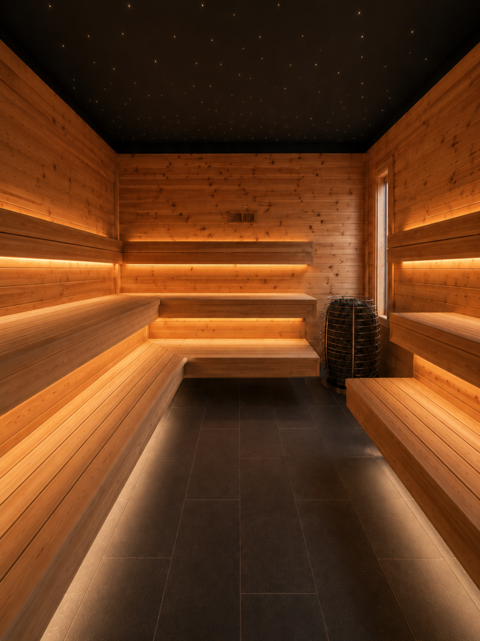 A modern wooden sauna interior with multi-tiered benches, warm accent lighting, and a dark ceiling with tiny star lights.