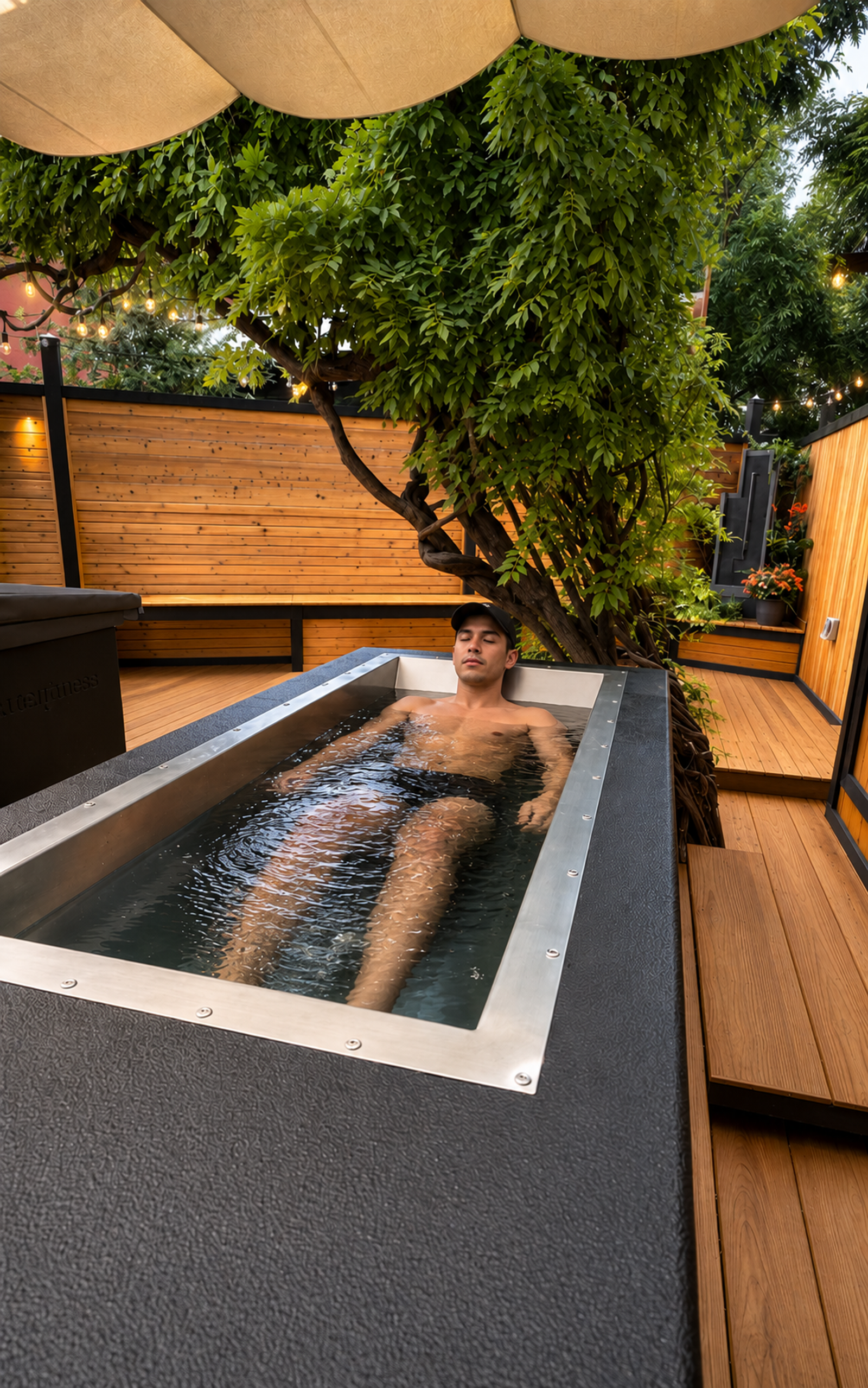 A man relaxes in an outdoor cold plunge tub surrounded by wooden decking and a leafy tree.