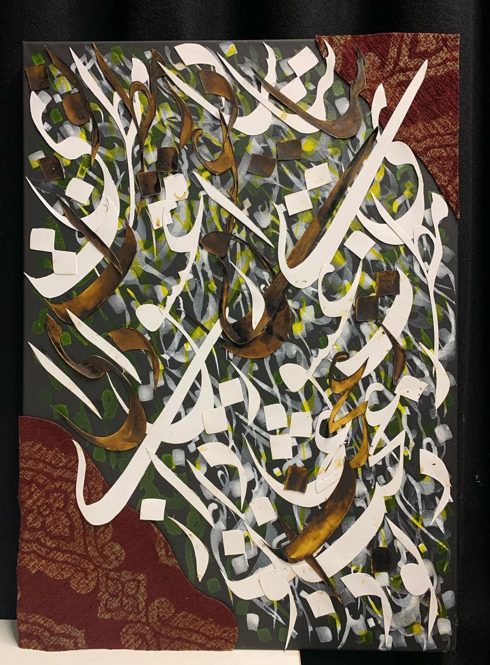 Rumi in Devotion II — Acrylic and fabric on canvas, 60 × 90 cm, by Mohammad Aman Popal