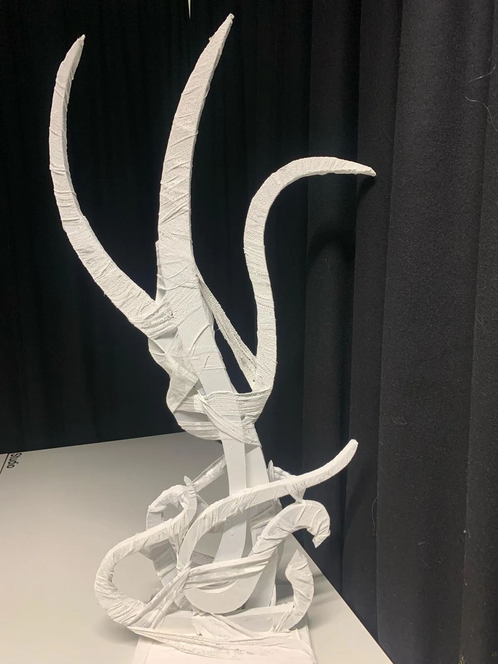 Damage of Life — Wood sculpture and bandage, 60 × 25 × 120 cm, by Mohammad Aman Popal