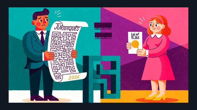 Ilustração dividida ao meio comparando dois tipos de linguagem. À esquerda, um homem de terno segura um pergaminho complexo com a palavra "JURIDIQUÊS" e um labirinto, parecendo confuso. À direita, uma mulher em um vestido rosa segura um papel simples com "Lei nº 15.263" e um ícone de lâmpada, com expressão tranquila. No centro, o ano "2026" aparece na base do pergaminho.