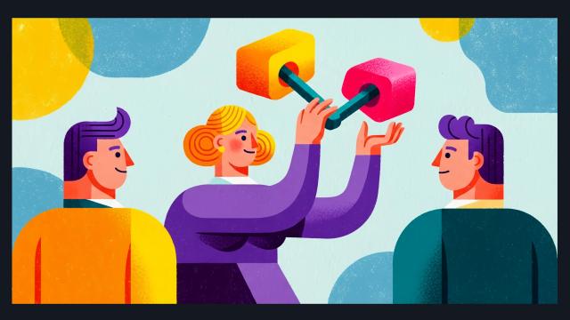 Ilustração de três pessoas em perfil, com uma mulher ao centro conectando dois blocos geométricos (amarelo e rosa) através de uma barra.