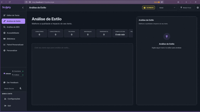 Captura de tela da aplicação web 'Scripty' com o título 'Análise de Estilo'. A interface está em português e exibe uma barra lateral com opções como 'Análise de Estilo', 'Histórico' e 'Modelos de Estilo'. A seção principal mostra métricas de estilo como 'Palavras Únicas' e 'Palavras Longas', todas zeradas. Há uma caixa de texto para inserir conteúdo e um botão 'Criar Análise'. À direita, uma área vazia com instruções para digitar ou colar texto para análise.