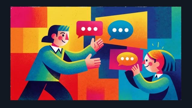 Ilustração representando comunicação. Duas pessoas de perfis diferentes estão voltadas uma para a outra. Entre elas, flutuam balões de fala coloridos (rosa, azul e laranja) contendo reticências, simbolizando um diálogo em curso. O fundo é um mosaico de formas geométricas coloridas em tons de azul, vermelho e amarelo.