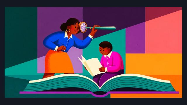 Ilustração de uma mulher usando um telescópio para observar atentamente um livro aberto, enquanto uma criança lê ao seu lado. O fundo é composto por blocos geométricos coloridos, simbolizando a análise técnica minuciosa da qualidade textual e a vigilância sobre as métricas de leiturabilidade.