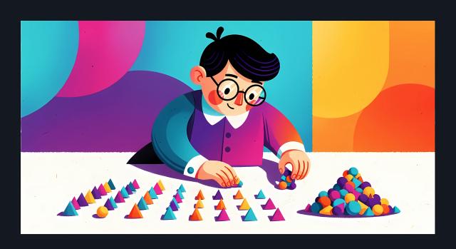 Ilustração colorida de um menino com óculos redondos sentado à mesa. Ele está organizando meticulosamente pequenas peças geométricas coloridas (esferas e cones). À sua esquerda, as peças estão alinhadas em fileiras organizadas; à sua direita, há uma pilha mista de peças ainda por organizar. O fundo apresenta formas circulares sobrepostas em tons pastéis e vibrantes.