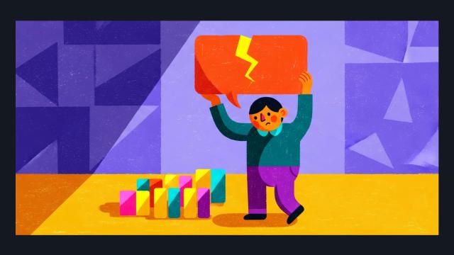 lustração em tons vibrantes de uma pessoa segurando um balão de fala laranja pesado e rachado sobre a cabeça, com pequenos blocos coloridos desorganizados no chão. Representa visualmente a carga cognitiva e o peso de um texto sem escaneabilidade ou clareza sintática.