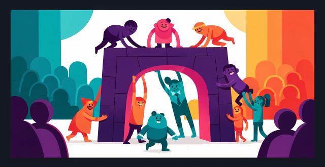 Ilustração em estilo flat art com cores vibrantes mostrando um grupo diversificado de personagens trabalhando juntos para sustentar uma grande estrutura de arco roxo. Alguns personagens estão no topo, outros empurram as laterais e um deles está sob o arco. O cenário é composto por formas abstratas em tons de azul, laranja e roxo, sugerindo uma multidão observando ao fundo. A imagem transmite uma mensagem de trabalho em equipe e apoio mútuo.