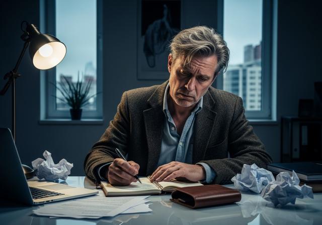 Pessoa sentada em uma mesa de escritório, escrevendo em um caderno. O rosto está desfocado. Na mesa há papéis amassados, um laptop aberto, documentos e uma agenda de couro. Uma luminária ilumina o espaço, e ao fundo, duas janelas mostram prédios da cidade.