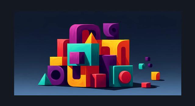 Uma composição digital de formas geométricas 3D empilhadas de forma artística. Os blocos possuem cores saturadas como magenta, amarelo, turquesa e laranja, com texturas que lembram pinceladas de tinta. Há uma mistura de cubos, cilindros, arcos e pirâmides sobre um fundo azul escuro minimalista, criando um visual moderno e lúdico.
