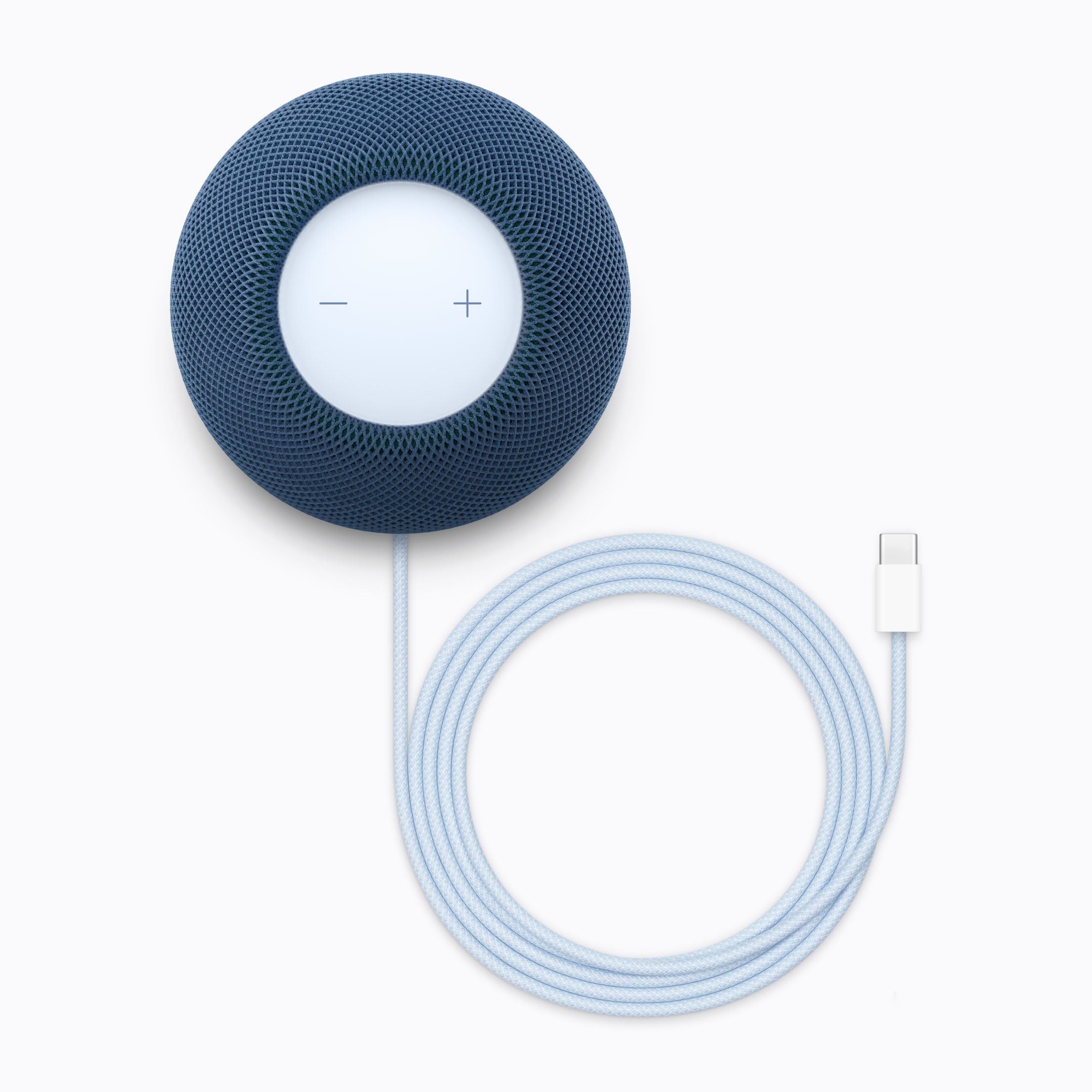 HomePod mini 2 en azul junto a su cable. - imagen cedida de Apple.