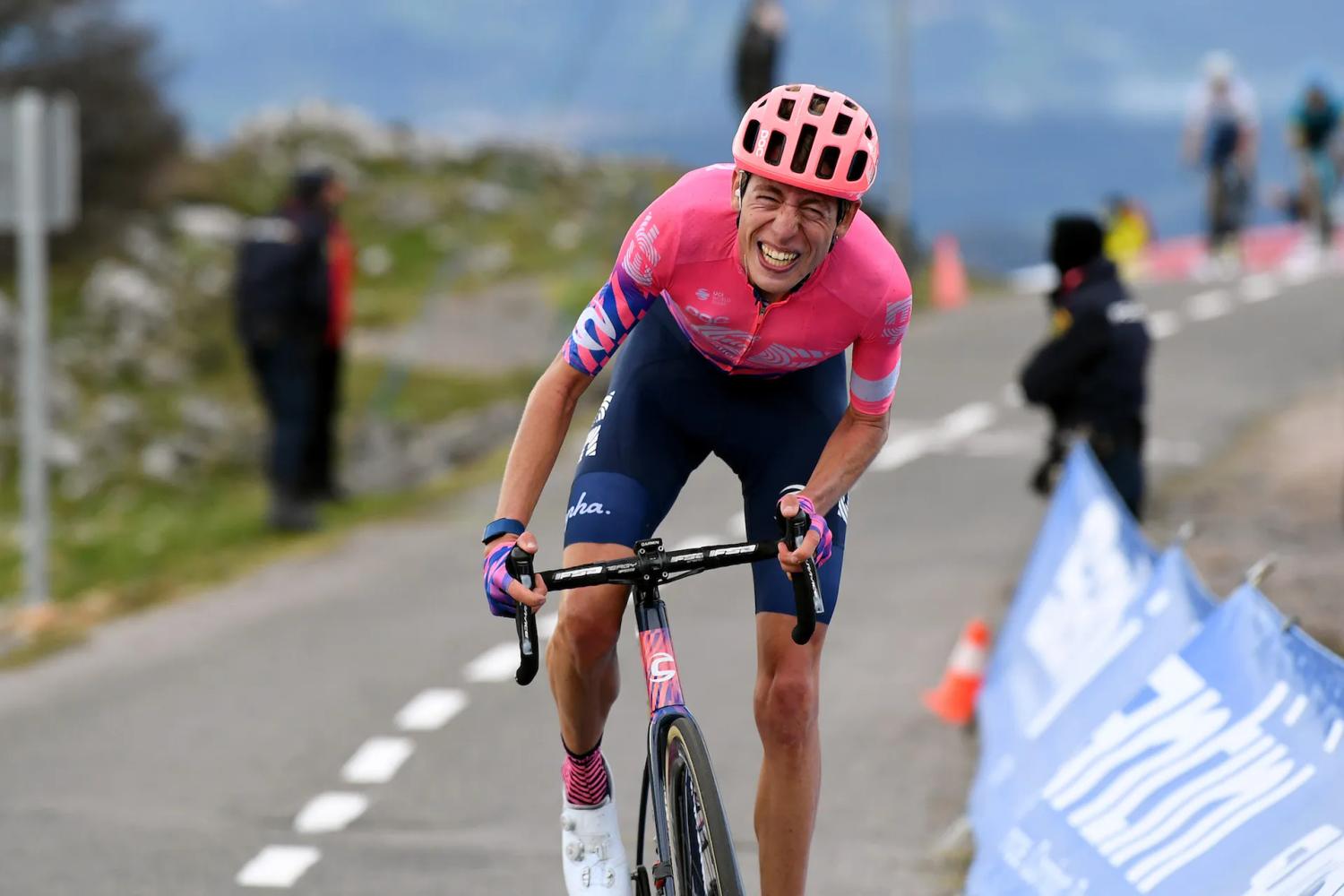 cyclist hugh carthy riding up the Angliru