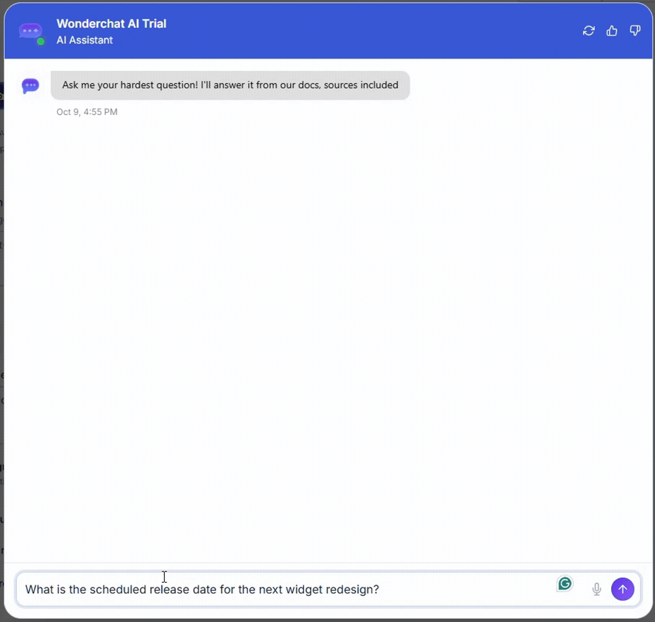 Chat widget preview shows a question about the next widget redesign date and a reply stating that the date isn't available in the connected documentation.