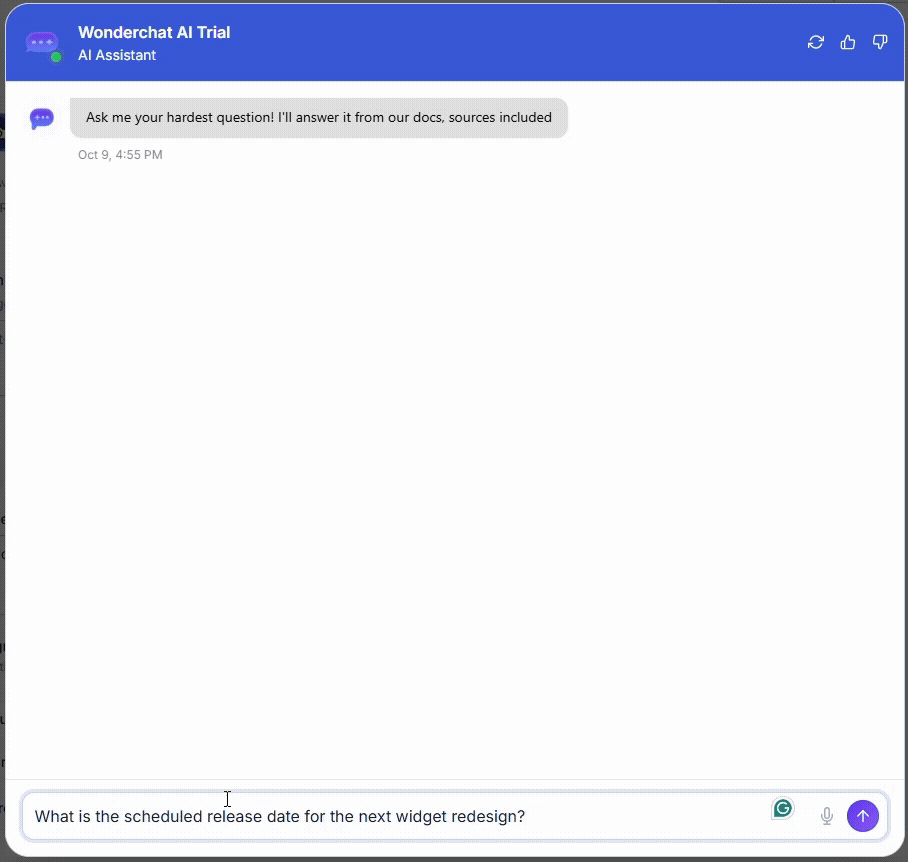Chat widget preview shows a question about the next widget redesign date and a reply stating that the date isn't available in the connected documentation.