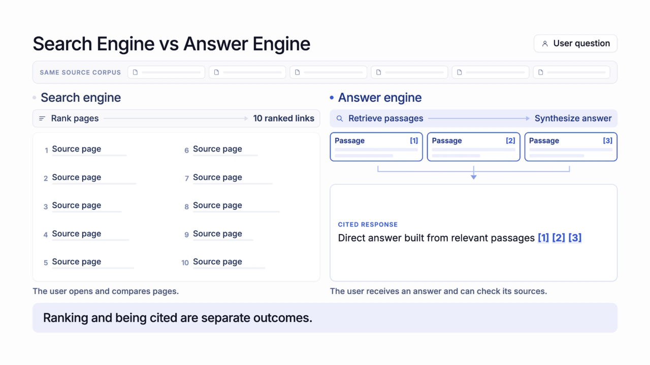 Diagram comparing a search engine returning ten ranked links with an answer engine producing a synthesized response with three citations from the same source corpus.