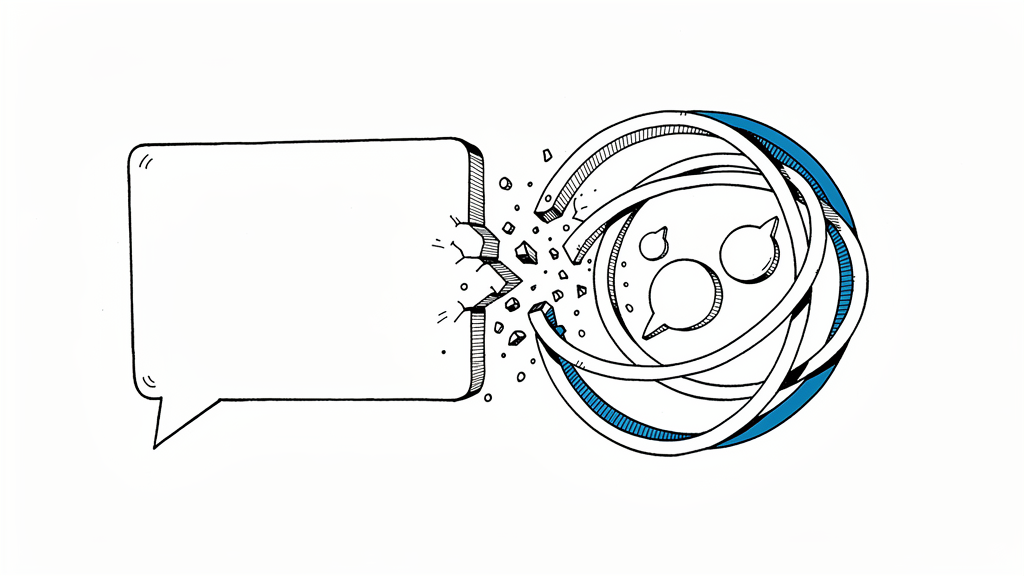 Editorial illustration: a speech bubble breaking apart from a circular community forum symbol, drifting away with small debris between them