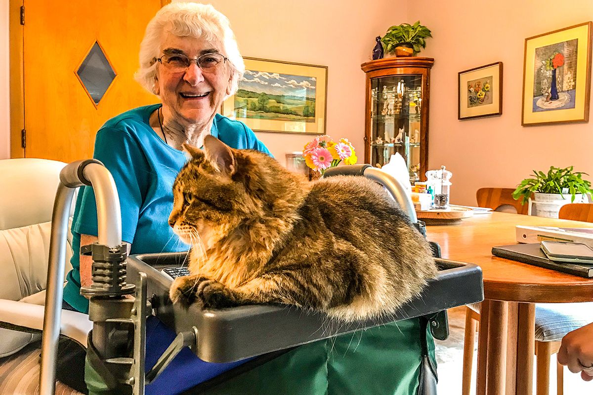 A smiling older woman with her long-haired tabby cat resting on her walker tray