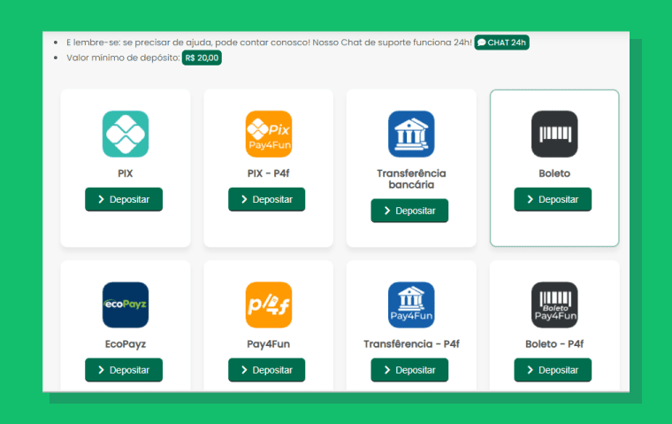 opções de depósito oferecidas