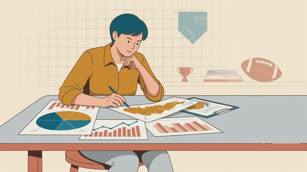 A person is sitting at a table analyzing colorful statistical charts and graphs, with a football in the background. The scene shows a focused analysis atmosphere. Flat vector…