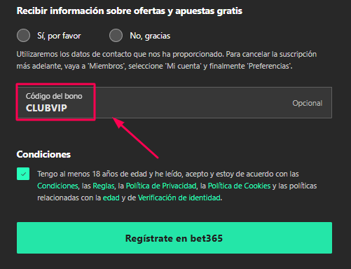 Pantalla de registro de bet365 argentina. Ejemplo de código del bono.