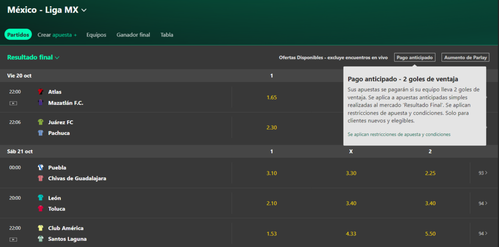captura de pantalla de Bet365 en la sección de partidos de Liga MX