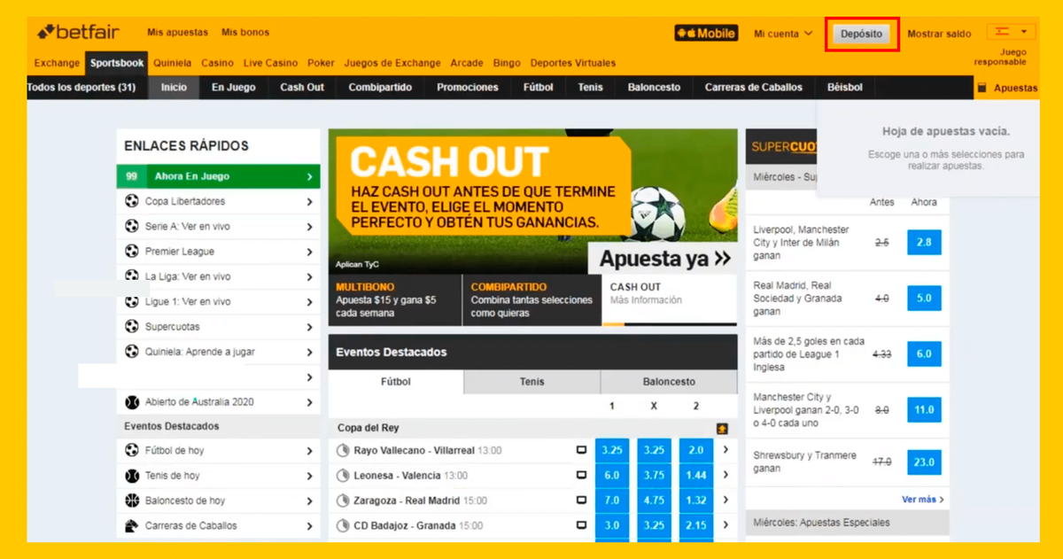 Como depositar en Betfair