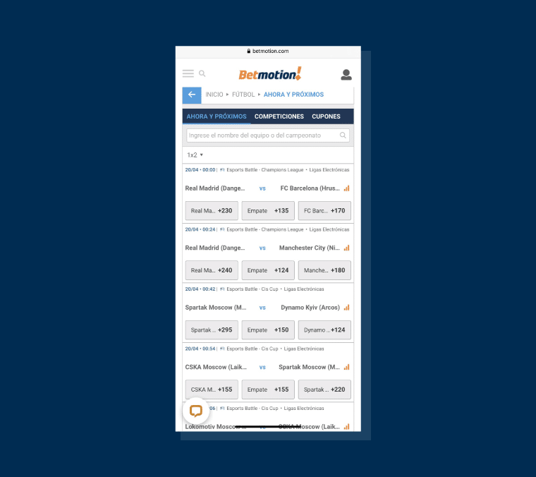 mercados y partidos disponibles