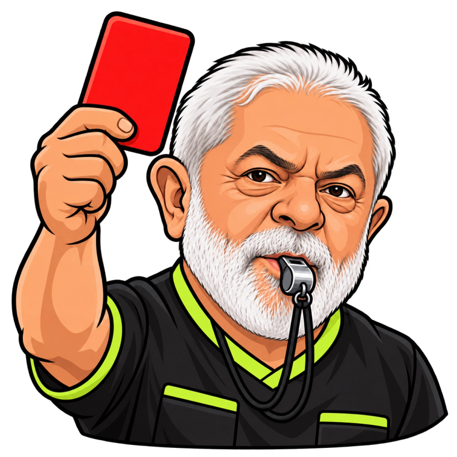 Lula apitando e mostrando um cartão vermelho, em referência à proibição das bets no Brasil