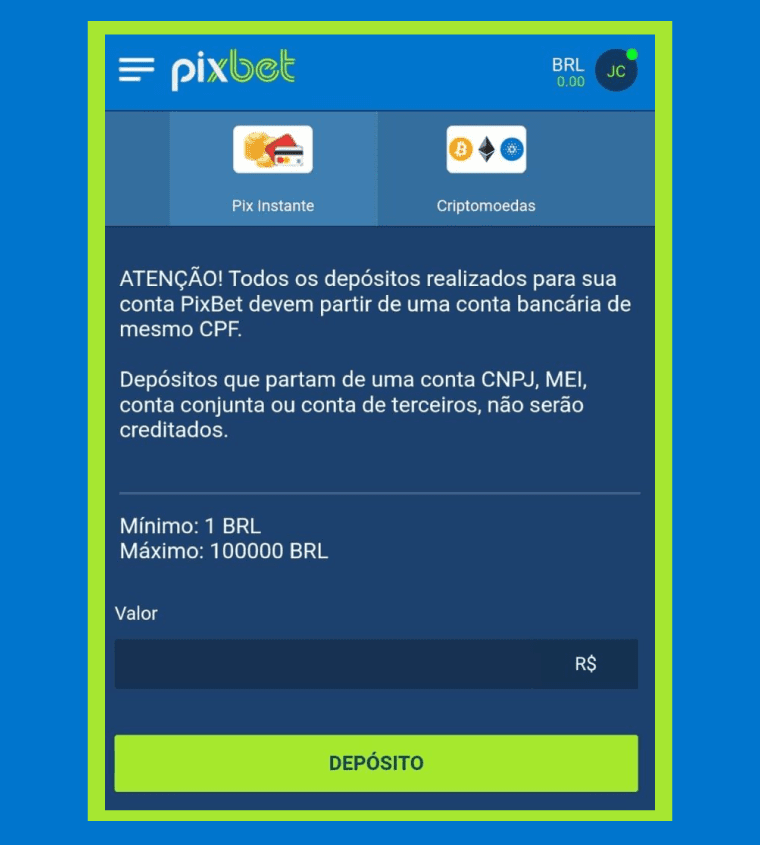 preencha com o valor que deseja depositar