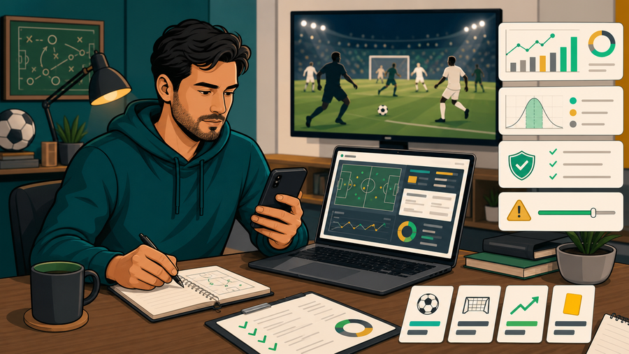 Ilustração editorial de analista acompanhando futebol e avaliando odds altas de hoje com checklist e gráficos.