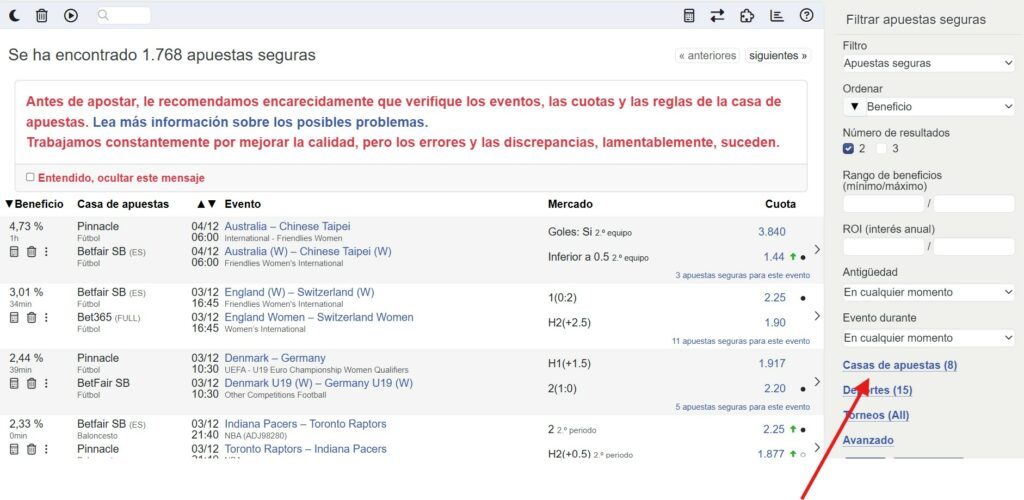 pagina de inicio del sitio surebet.com