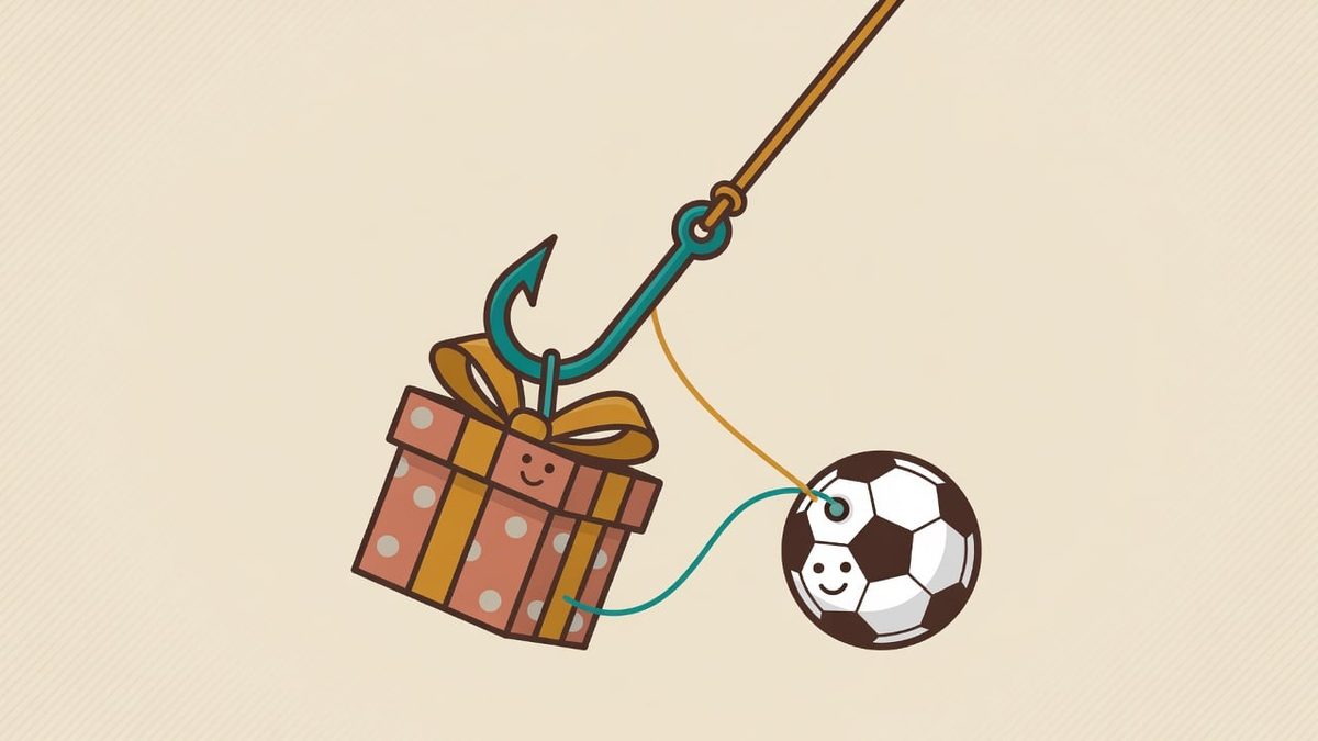 A fishing hook is dangling with a gift box attached, and a soccer ball is tied to it with a string, symbolizing a trap or bait. Flat vector illustration, editorial style, dark…