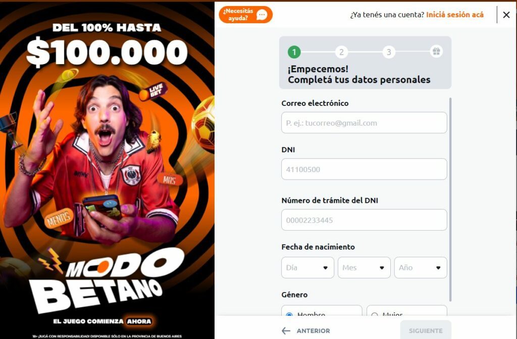 Pagina de registro de Betano, donde debes completar todos tus datos.