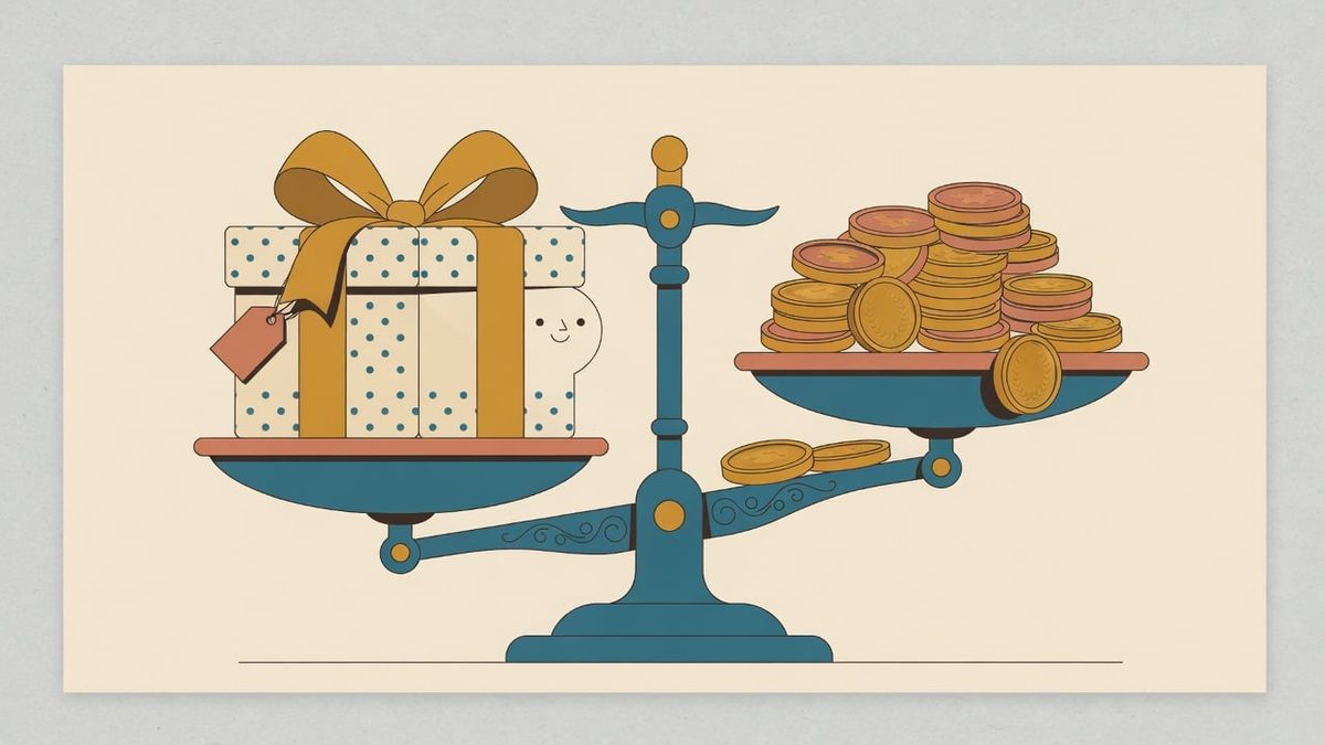 A balance scale weighing a gift box on one side against gold coins on the other side, symbolizing value comparison. Flat vector illustration, editorial style, dark outlines…