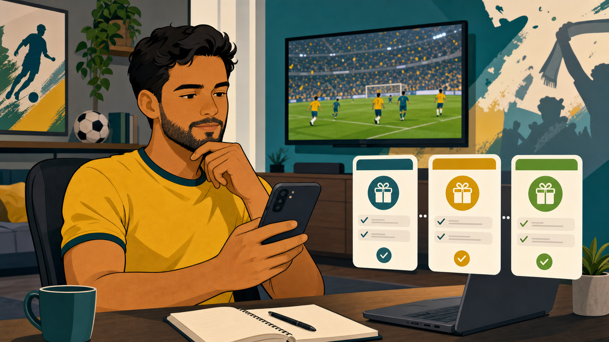 Ilustração editorial de apostador analisando promoções de casas de apostas para a Copa do Mundo 2026.