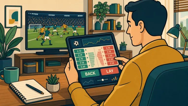 Ilustração conceitual de trading esportivo com trader analisando futebol em uma tela e tablet com opções Back e Lay.