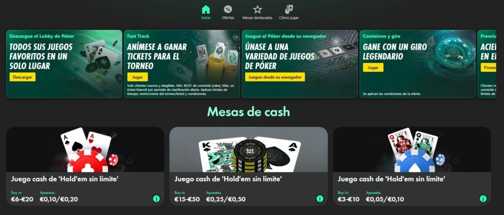 pantalla de bet365 en su sección de Pokér
