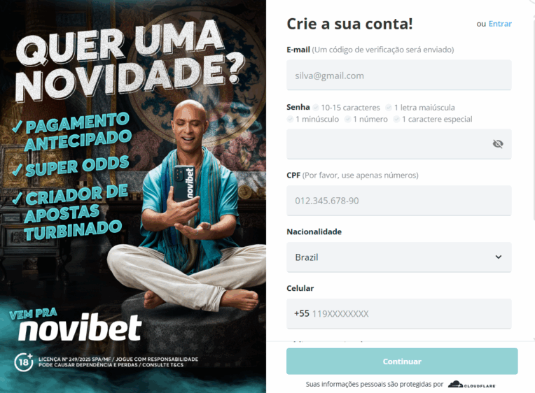 Imagem do formulário de cadastro para criar uma nova conta na casa de apostas da Novibet