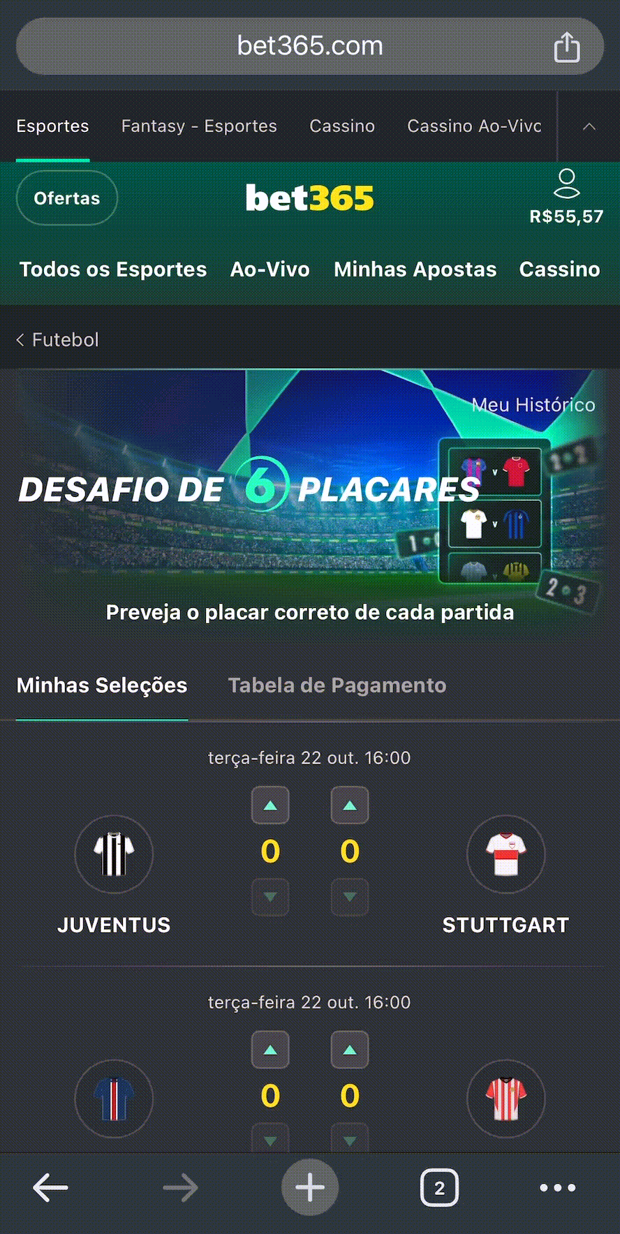 Confirmar Desafio 6 Placares Bet365