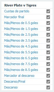 Mercado en Betfair para apuestas en River Plate x Tigres