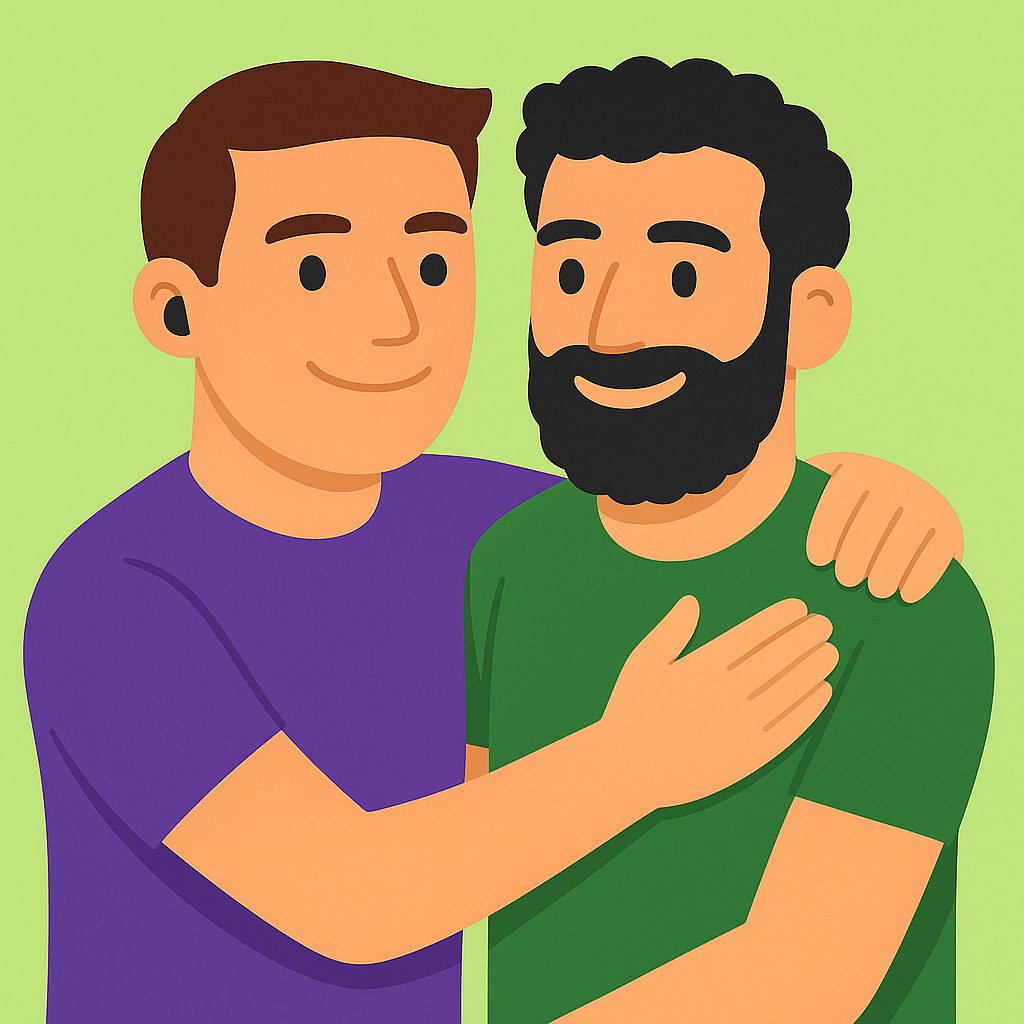 Una ilustración digital en estilo flat que muestra a dos amigos abrazándose con expresiones alegres. El personaje de la izquierda tiene cabello oscuro, barba y viste una camiseta verde lisa. El personaje de la derecha tiene cabello castanho curto y está usando una camiseta roxa lisa.