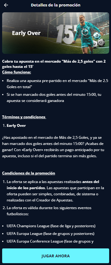 Detalle de la promoción "early over" de Novibet.
