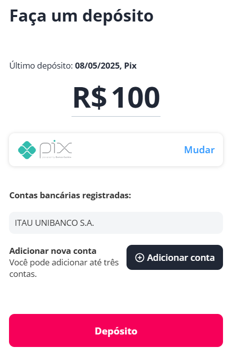 Seção de depósito na Novibet com as opções do método PIX, preencher o valor, adicionar nova conta e botão Depositar.