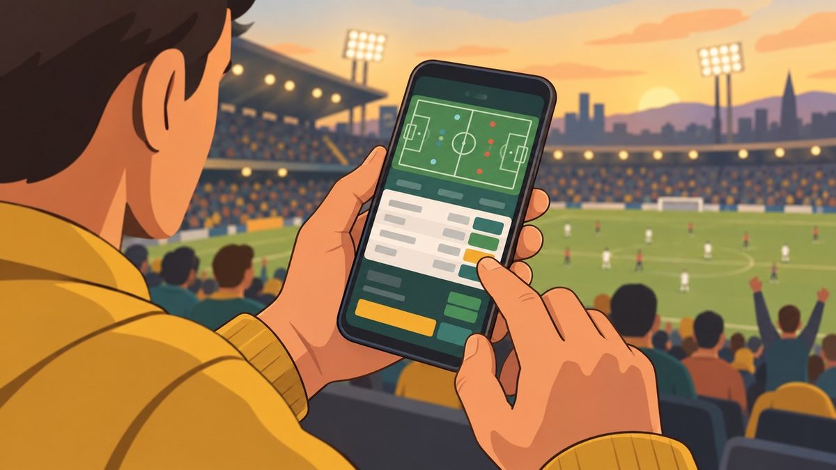 Celular mostrando una app de apuestas deportivas con un estadio de fondo